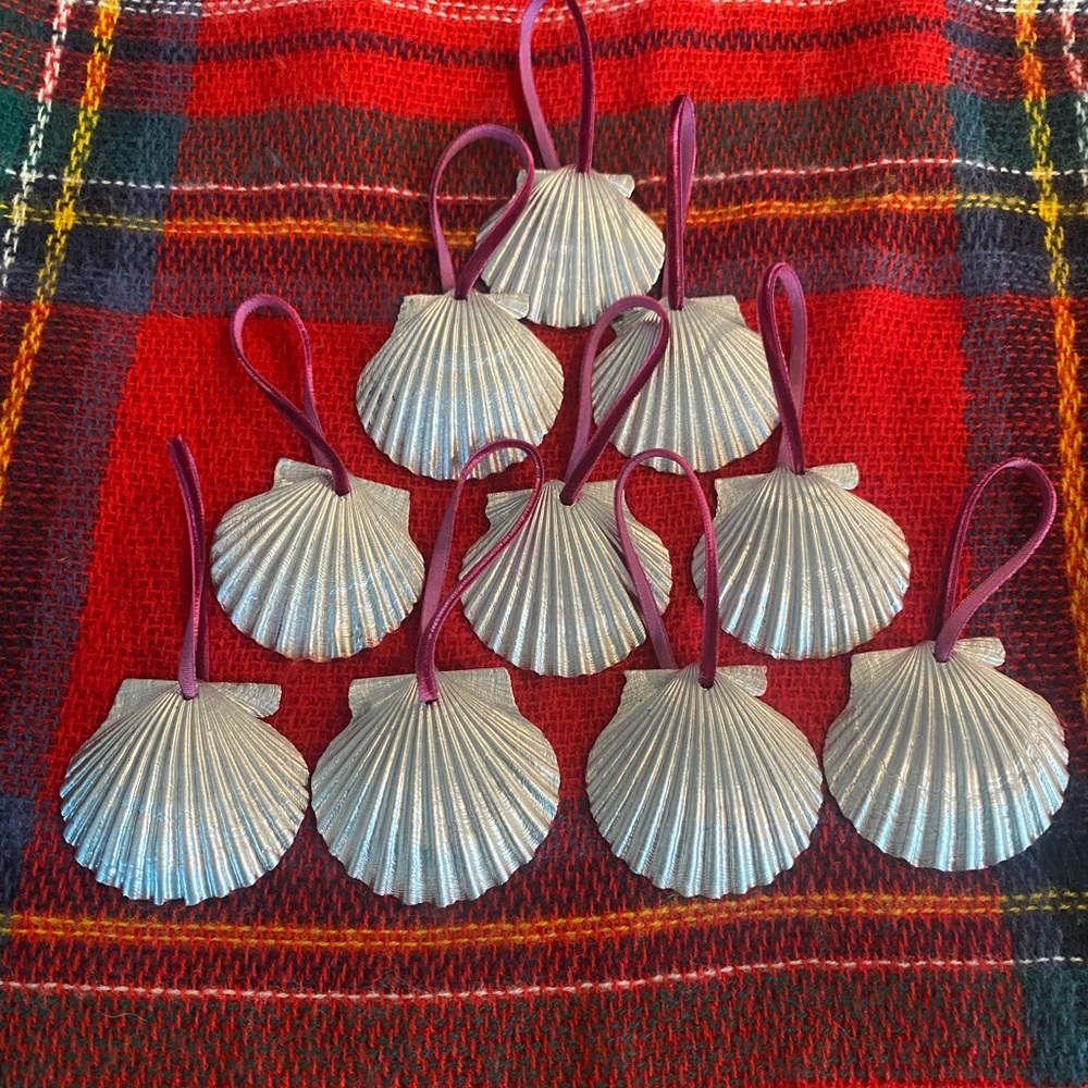 Lot of 10 Silver Shell Ornaments with Maroon Velvet Ribbon
